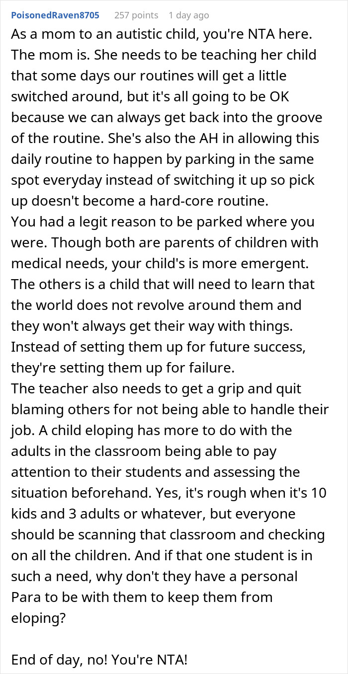 Comment discussing a mom standing her ground while balancing autistic student&rsquo;s needs and her own injured child.
