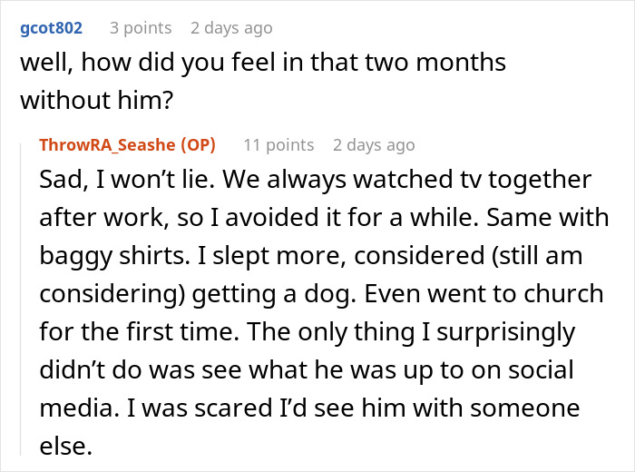 Screenshot of a Reddit conversation discussing feelings two months after a breakup and a man proposing after being dumped.