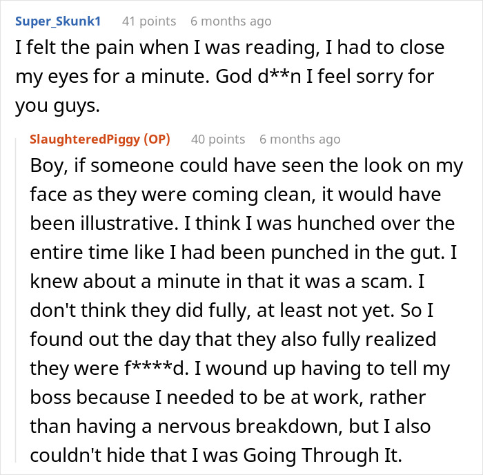 Reddit user describing pain and shock after an educated person falls for scam investment, ending with debt and no savings. Reddit user describing pain and shock after an educated person falls for scam investment, ending with debt and no savings.
