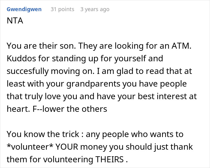 Comment text discussing parents&rsquo; blatant favoritism and the son refusing to help, standing up for himself online.