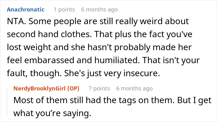 Comment thread discussing a woman losing weight and feeling insecure after coworker offers her old clothes that are too big. Comment thread discussing a woman losing weight and feeling insecure after coworker offers her old clothes that are too big.