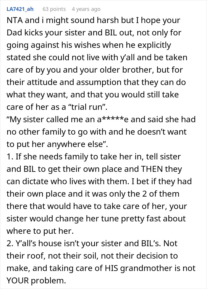 BIL tries to dump grandma on wife&rsquo;s siblings, sister called selfish for refusing to take care of elderly family member.
