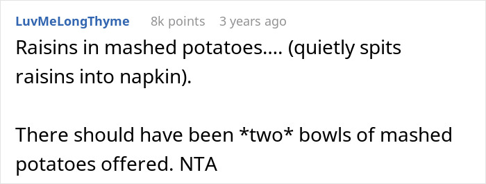 Reddit comment discussing raisins in mashed potatoes and mentioning two bowls of mashed potatoes offered.