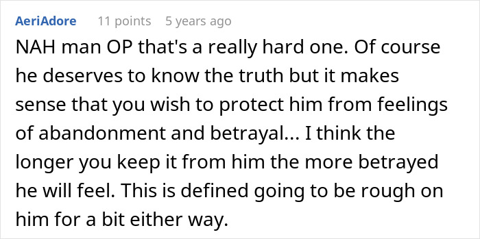 Comment discussing a man debating whether to tell his son the harsh truth about real parents and feelings of betrayal.