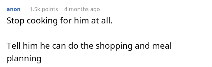 Comment text on a social media post discussing a husband yelling at wife for cooking the same meal after ingredient restrictions.