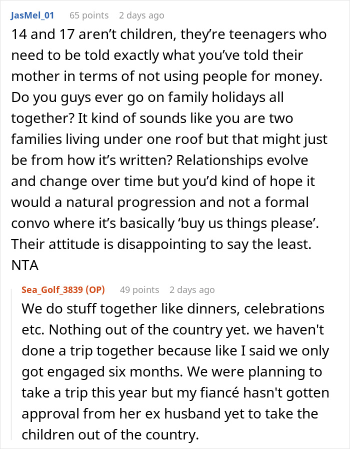 Reddit comments discussing guy refusing to be a step-father due to fianc&eacute;e&rsquo;s children wanting cool gifts.