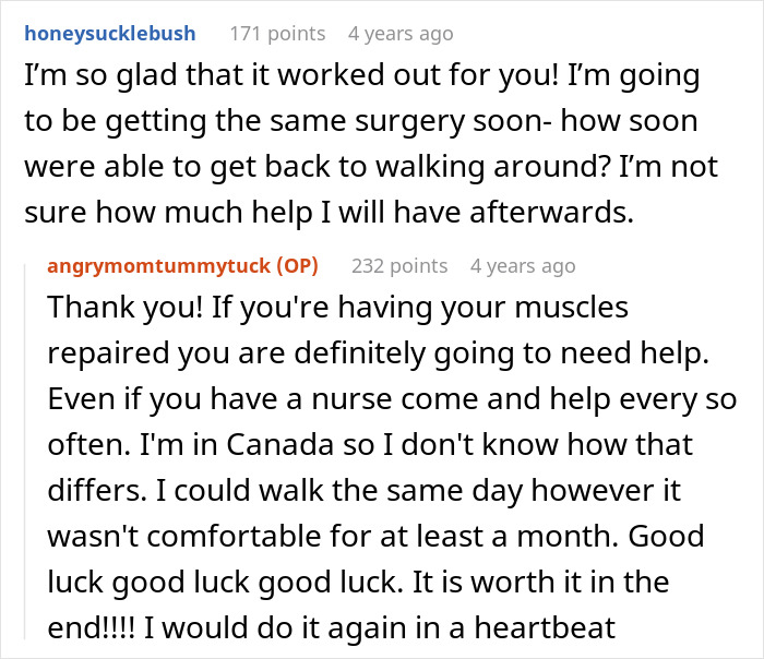 Reddit conversation about tummy tuck recovery and needing help after surgery, related to woman&rsquo;s dream of tummy tuck.