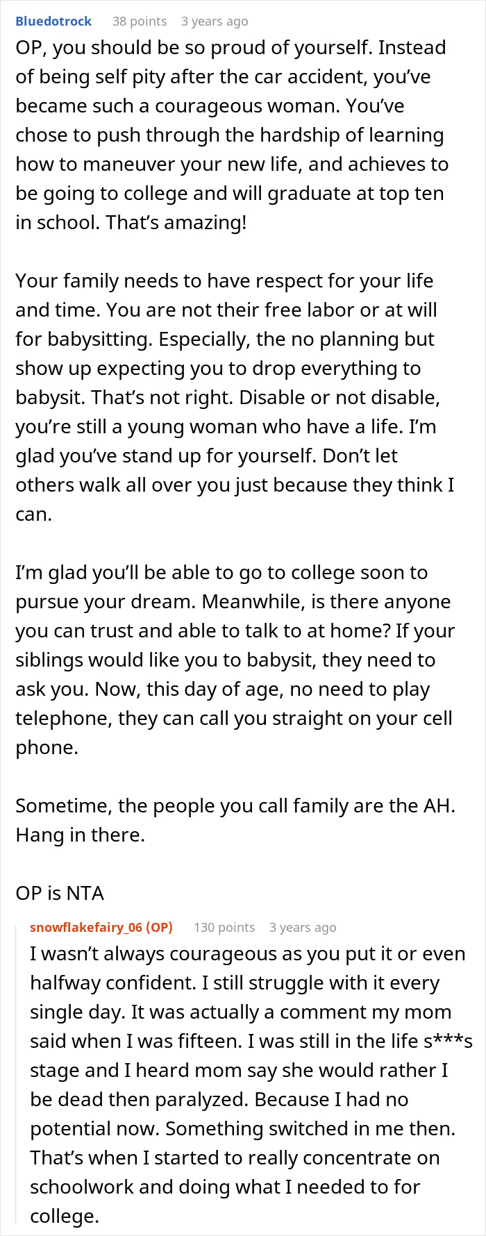 Text excerpt showing discussion about a paralyzed woman refusing to babysit and family conflict over social life and respect.