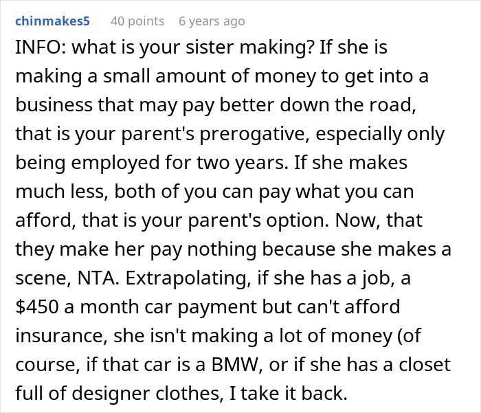Screenshot of a Reddit comment discussing sibling refusing to keep paying rent after sister lives rent free with parents.
