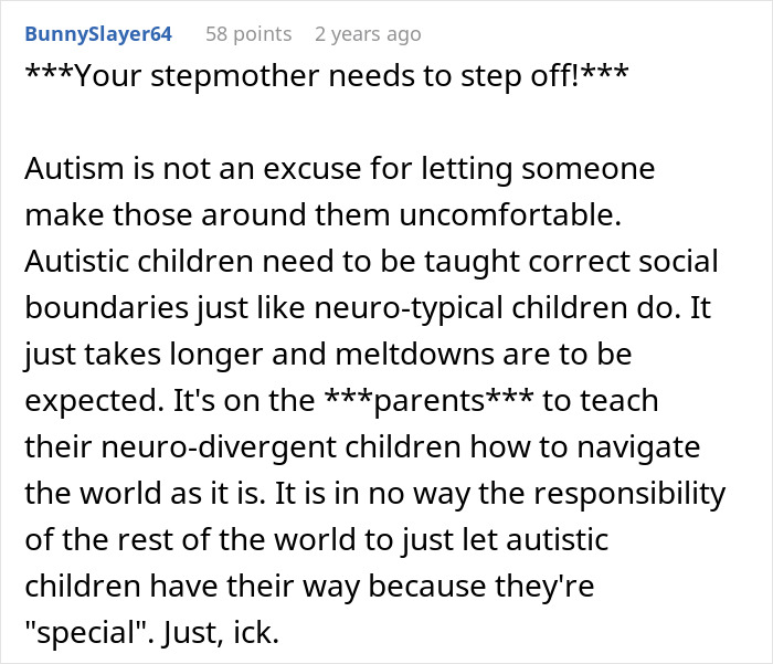 Comment discussing 11-year-old acting creepy around stepsister after birth, focusing on parents refusing to get help.