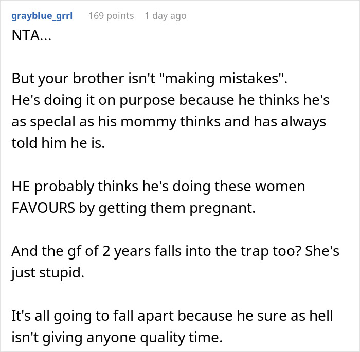 Comment discussing woman calling out brother for having four kids with four different women and recognizing his mindset.