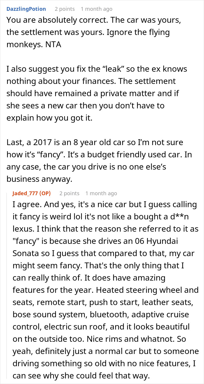 Online discussion about a woman using car accident settlement money to buy a new car and a husband&rsquo;s ex reaction.