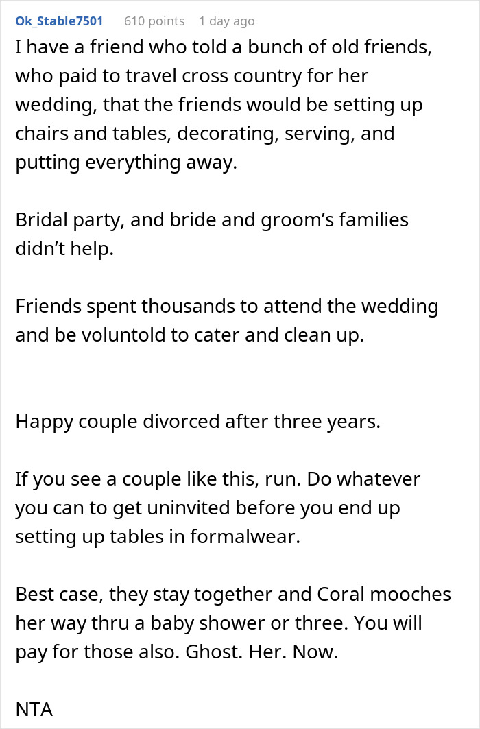 Bride thinks she can throw elaborate wedding without spending a cent but friends end up catering and cleaning up
