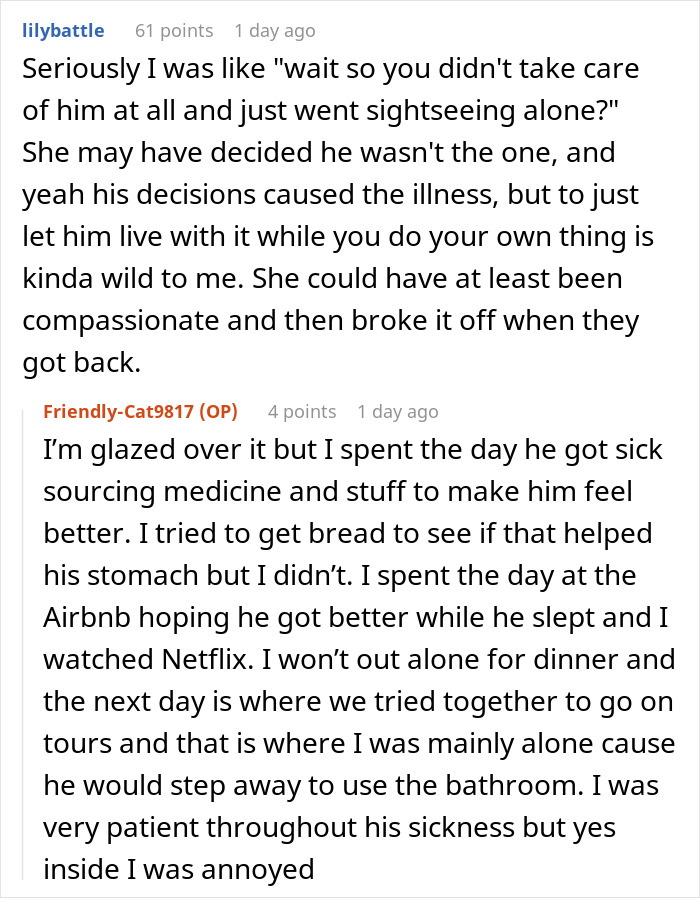 Reddit comments discussing a man's true colors showing during vacation and girlfriend realizing he's not the one.
