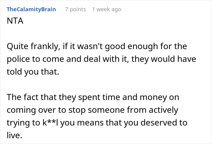 Comment from TheCalamityBrain explaining police intervention showing monster-in-law threatening daughter-in-law and being removed by cops.