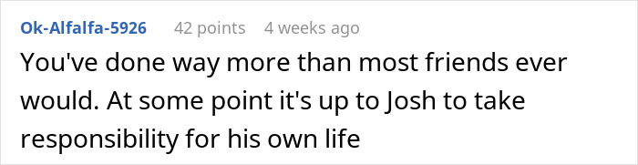 Screenshot of a forum comment about a lady helping her 23-year-old friend with a place to stay and a job.