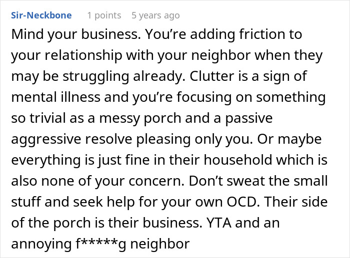 Text comment discussing being annoyed by neighbor&rsquo;s rotting pumpkin and considering a passive-aggressive message.