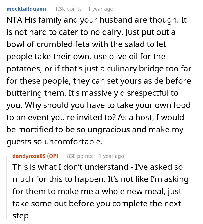 Reddit conversation about a mom refusing family dinners after being ignored by her in-laws over food preferences. Reddit conversation about a mom refusing family dinners after being ignored by her in-laws over food preferences.