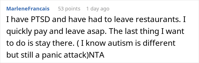 Screenshot of a user comment describing experiencing panic attacks and PTSD in restaurants, relating to autism.