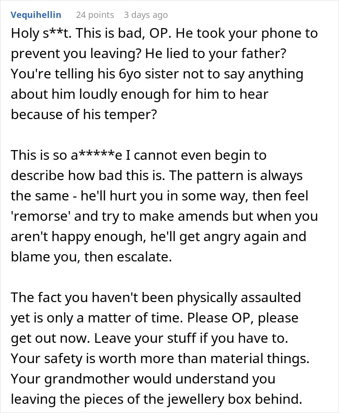 Comment warning about abusive behavior, urging to leave for safety, mentioning destroyed grandmother's jewelry box.