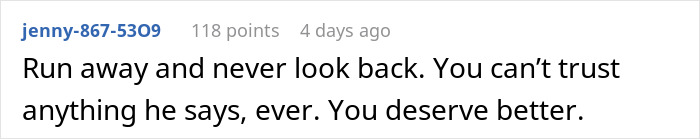 Screenshot of an online comment advising a woman to run away after learning her partner is marrying soon.