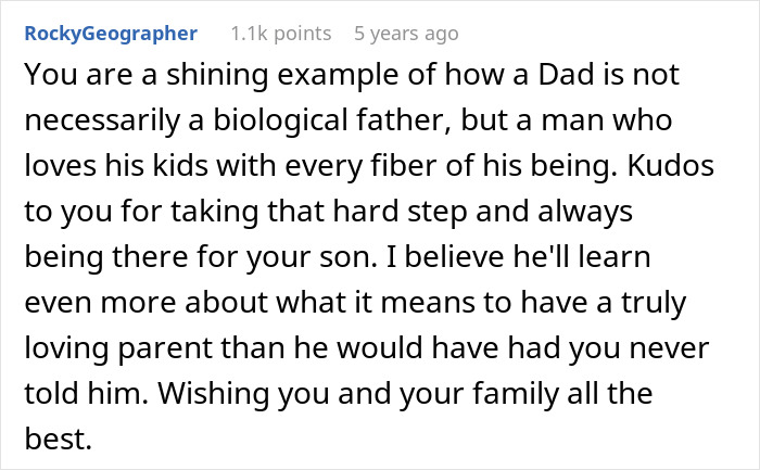 Comment praising a dad for loving his son unconditionally despite not being his biological father, highlighting parental love.