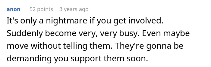 Screenshot of an online comment warning about becoming busy and pressured to support others, related to golden child lost parents money crypto.