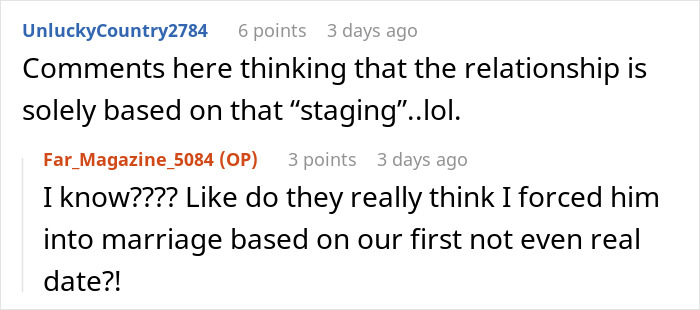 Screenshot of an online conversation discussing a woman staging her apartment to impress a guy before marriage.