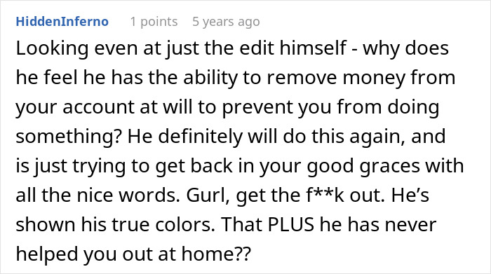 Comment discussing a woman&rsquo;s dream of having a tummy tuck ruined after her husband steals her $15k savings.