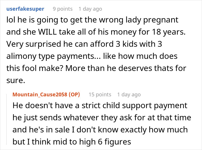Screenshot of a Reddit conversation discussing a man with 4 kids from 4 different women and child support payments.