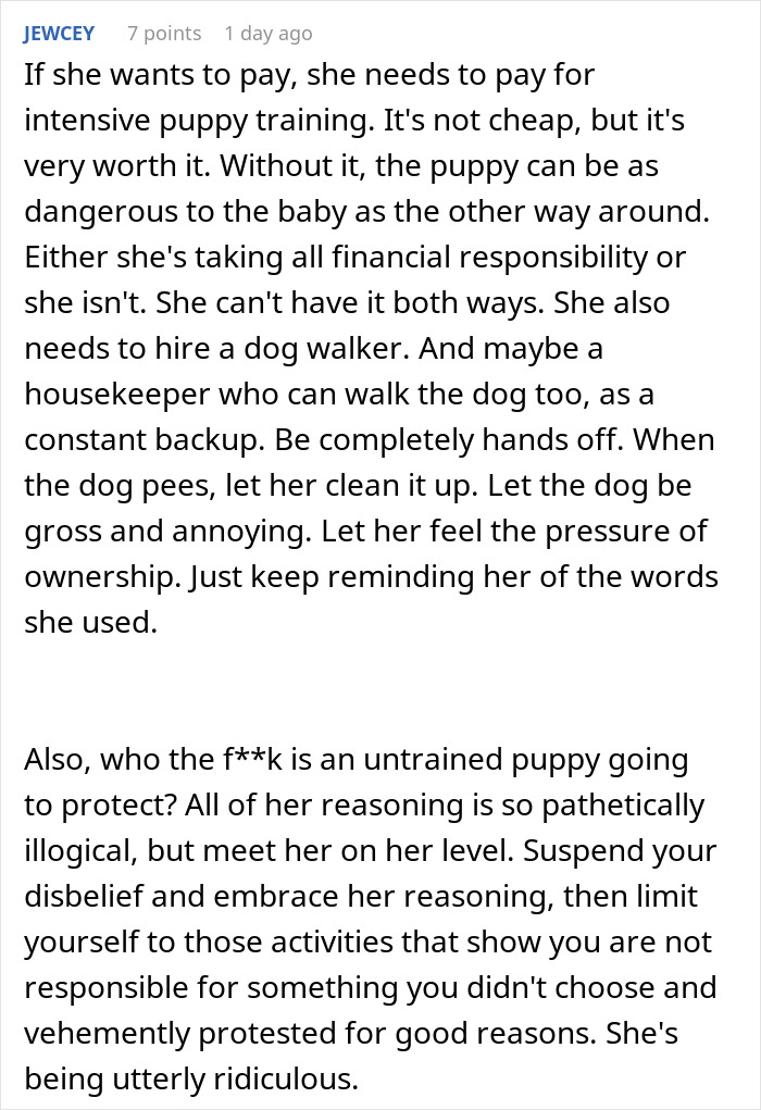 Text excerpt showing a man upset over unwanted puppy responsibility and discussing financial and care duties.