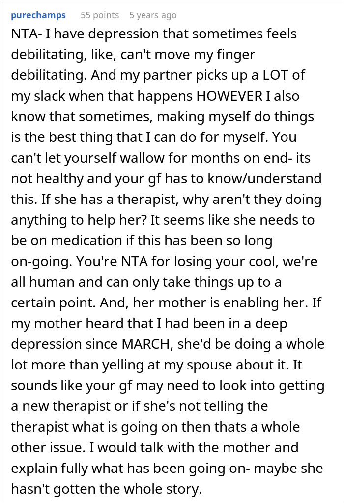 Reddit comment discussing depression and the challenges of being lazy while managing mental health in a relationship context. Reddit comment discussing depression and the challenges of being lazy while managing mental health in a relationship context.