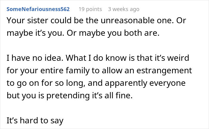 Comment discussing family estrangement and sibling conflict, highlighting parents pretending nothing is wrong despite decade-long cut-off.