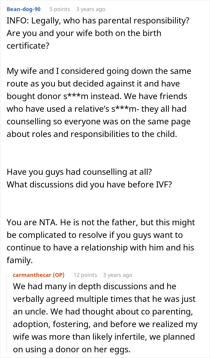 Forum excerpt discussing IVF and parental responsibility issues involving a guy helping his sister-in-law conceive.