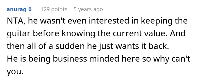 Screenshot of a Reddit comment discussing a man buying a $50K guitar for $4K and refusing to sell it back. Screenshot of a Reddit comment discussing a man buying a $50K guitar for $4K and refusing to sell it back.