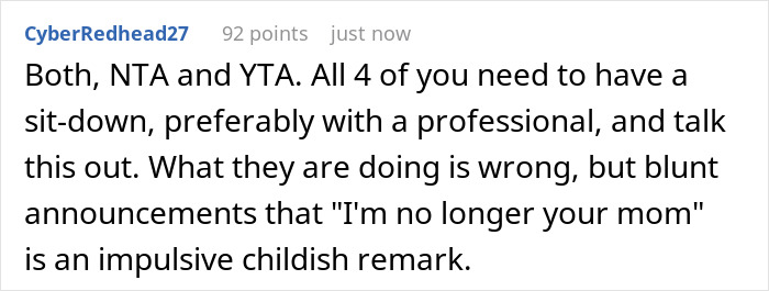 Screenshot of Reddit comment about stepkids turning cruel and refusing to call stepmom mom, discussing hurt and family conflict.