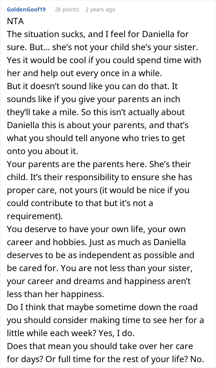 Reddit comment discussing a family conflict over refusing to care for disabled sister and accusations of ableism. Reddit comment discussing a family conflict over refusing to care for disabled sister and accusations of ableism.