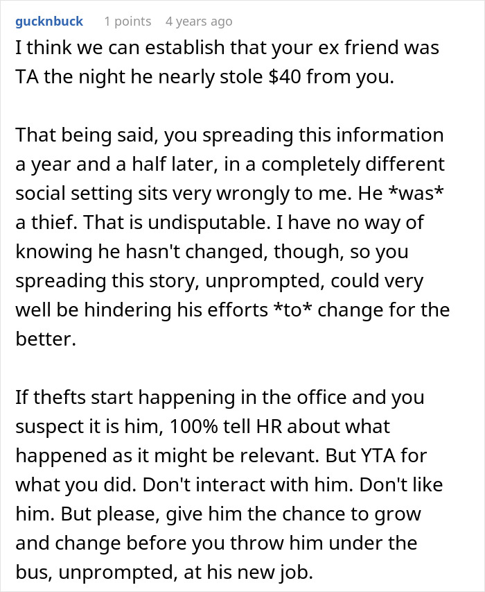 Comment discussing a man refusing to forgive an ex-friend who stole $40, still calling him a thief years later.