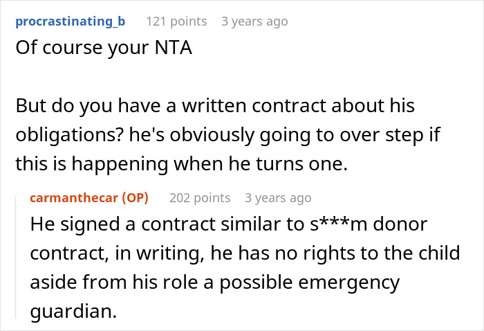 Comments discussing written contracts and parental rights when a guy helps sister-in-law conceive using IVF.