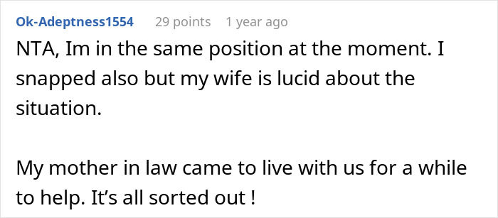 Screenshot of a Reddit comment discussing a man snapping at his pregnant bedridden wife for being too needy.