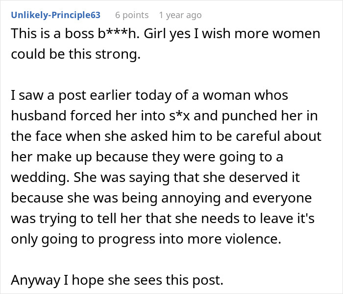 Comment discussing a woman&rsquo;s strength and referencing domestic violence in a relationship conflict.