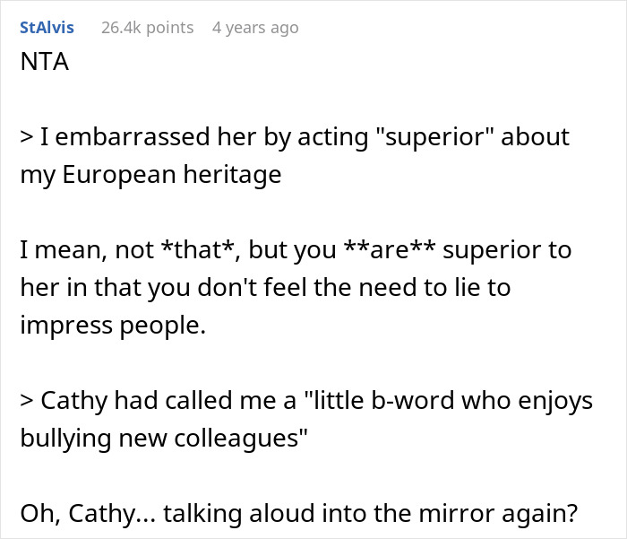 Screenshot of a Reddit comment discussing embarrassing a new colleague by speaking a claimed language.