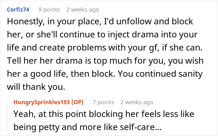 Conversation screenshot discussing blocking and self-care after rejection in a complex friendship and dating situation.