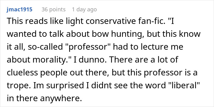Screenshot of a Reddit comment discussing a professor and morality, reflecting on an obnoxious dinner guest husband dreadful scenario.