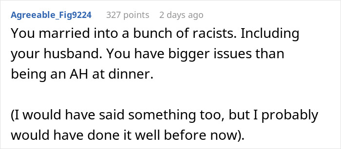 Commenter addressing racist slurs and family tension during a dinner dispute involving wife and BIL.