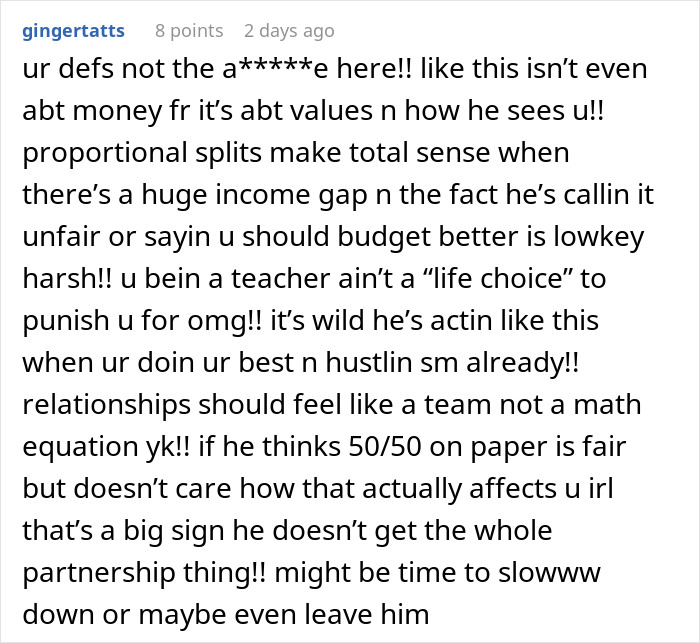 Comment discussing rich boyfriend demanding equal split rent while girlfriend refuses, highlighting fairness and relationship values.