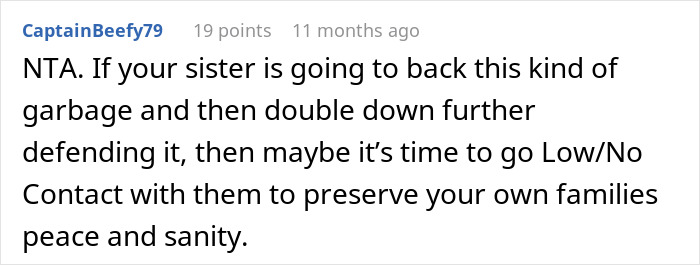 Screenshot of a Reddit comment about family conflict after a man gets banned from Thanksgiving for upsetting his brother-in-law&rsquo;s wife.