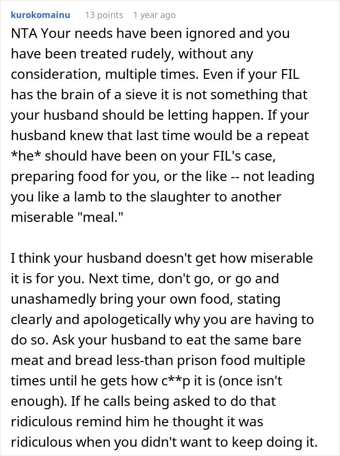 Comment criticizing in-laws for ignoring a mom at family dinners, highlighting refusal to attend further gatherings. Comment criticizing in-laws for ignoring a mom at family dinners, highlighting refusal to attend further gatherings.