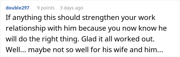 Screenshot of a Reddit comment discussing a coworker situation involving a superior&rsquo;s wife&rsquo;s show and feeling scammed.