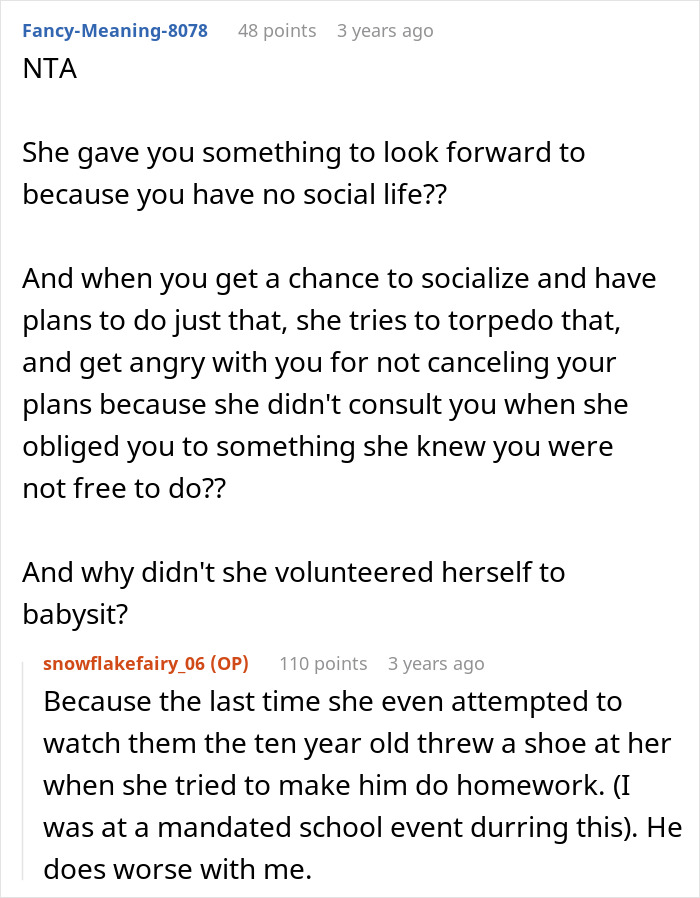 Text conversation discussing a paralyzed woman refusing to babysit and issues with social life and family expectations.
